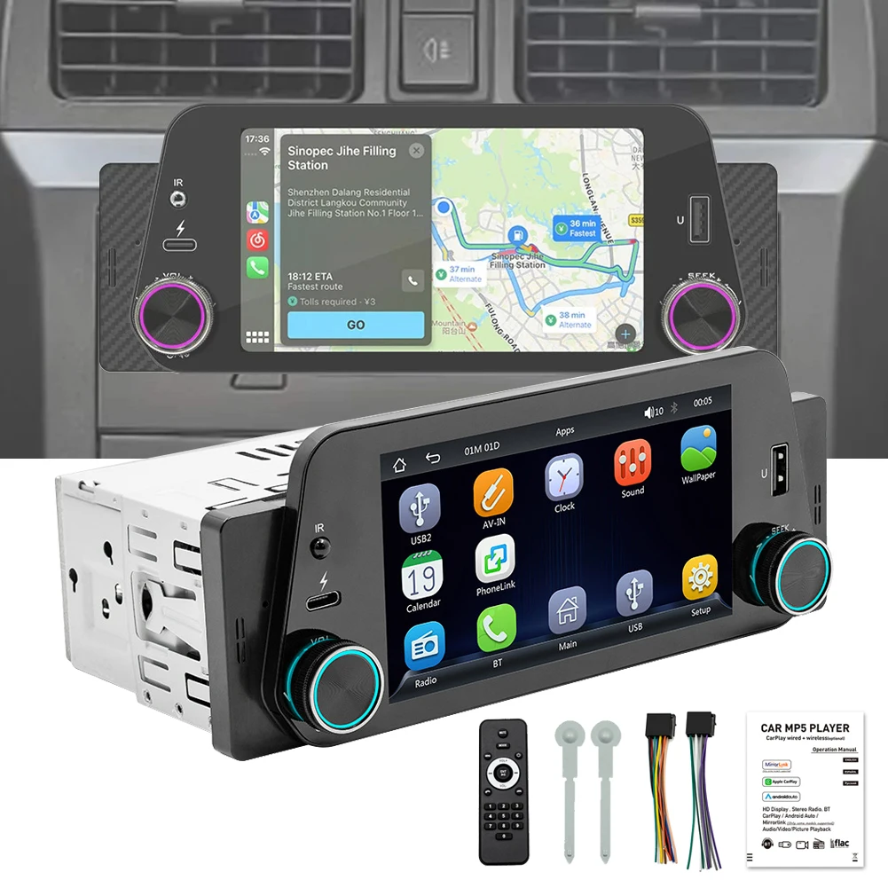 1Din Car Stereo Wireless CarPlay Android Auto Car Radio 5-Inch Touch Screen Bluetooth Handsfree Call USB Mirrorlink Audio System