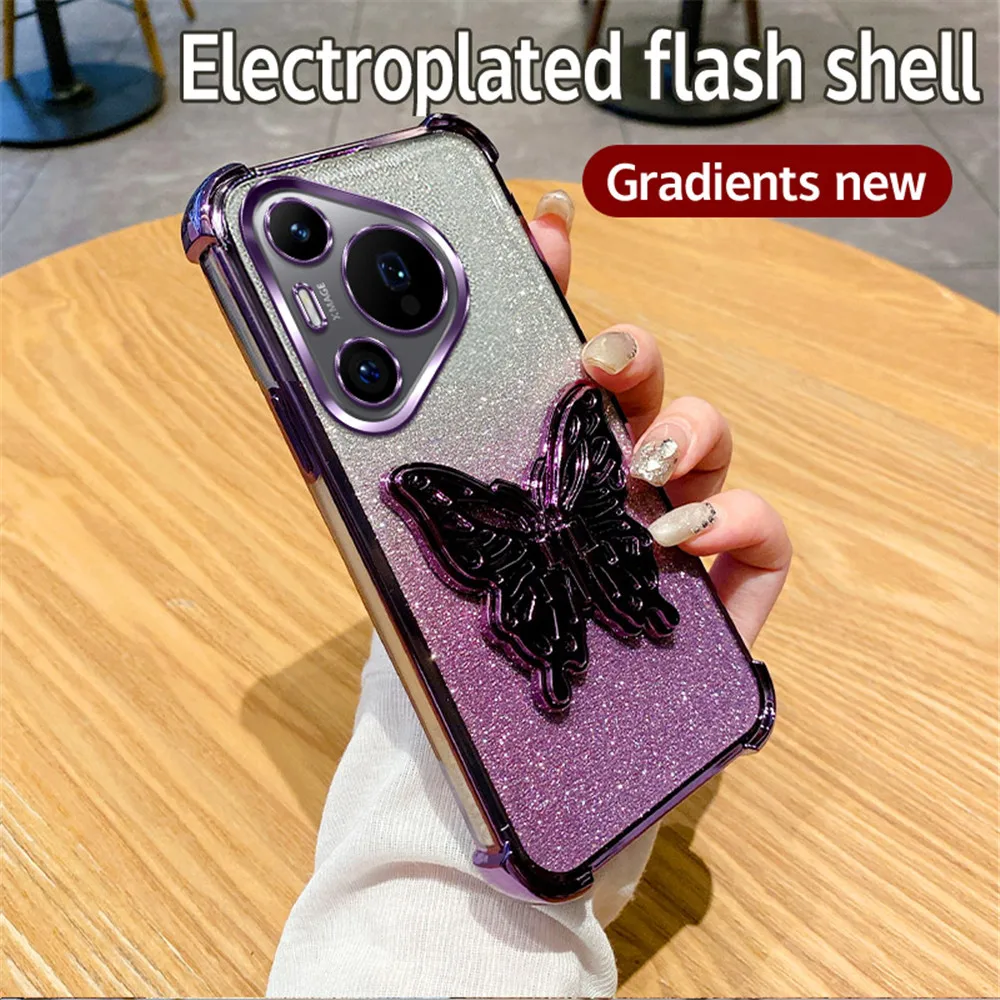 Shockproof Glitter Butterfly Stand Phone Case with Plating Cover