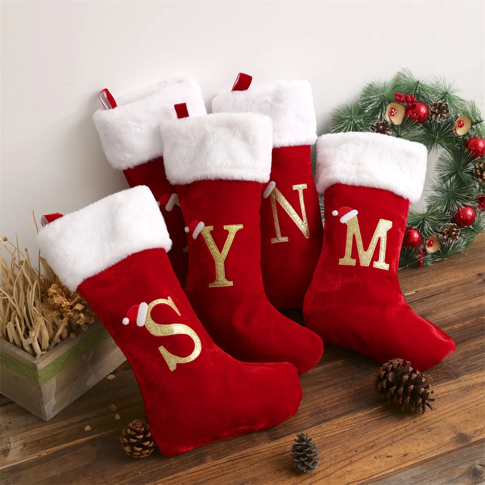 Christmas Stockings 50cm Embroidered Monogram Xmas Sock Holiday Family Stocking for Christmas Fireplace Party Decoration