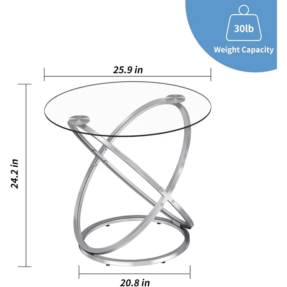 Glass Round End Table, Modern Contemporary Side Table for Small Space with Tempered Glass Tabletop For Living Room,