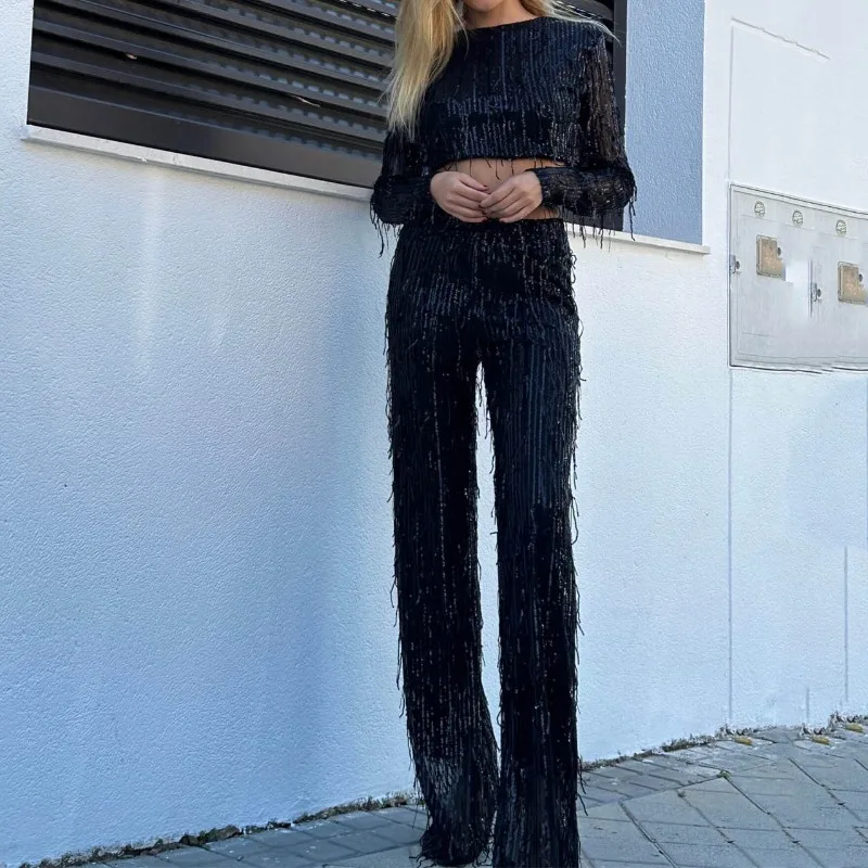 Women's Fashion Beaded Long Sleeve Crop Top & Pants Set Spring Temperament Casual Sequin Tassel T-shirt + Trousers Sets Outfits woman fashion contrast sequin cape sleeve tape patch jumpsuit temperament commuting new women s work skinny elegant jumpsuits