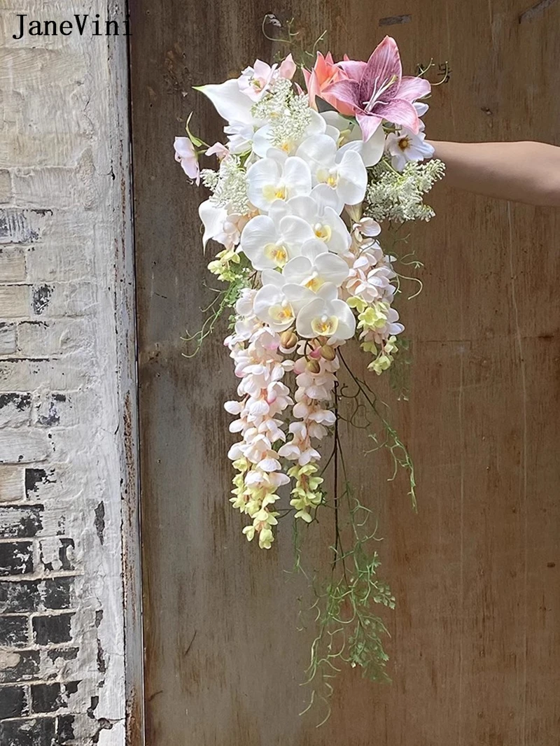 JaneVini Charming Pink White Waterfall Bridal Bouquets Handmade Silk Flowers Korean Cascading Bride Bouquet Wedding Accessories