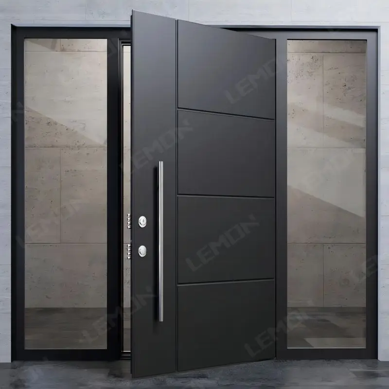 

Hot Selling Villa Entrance Big Luxury Black Wood Front Main Modern Aluminum Entry Pivot Door With Double Glass Sidelight