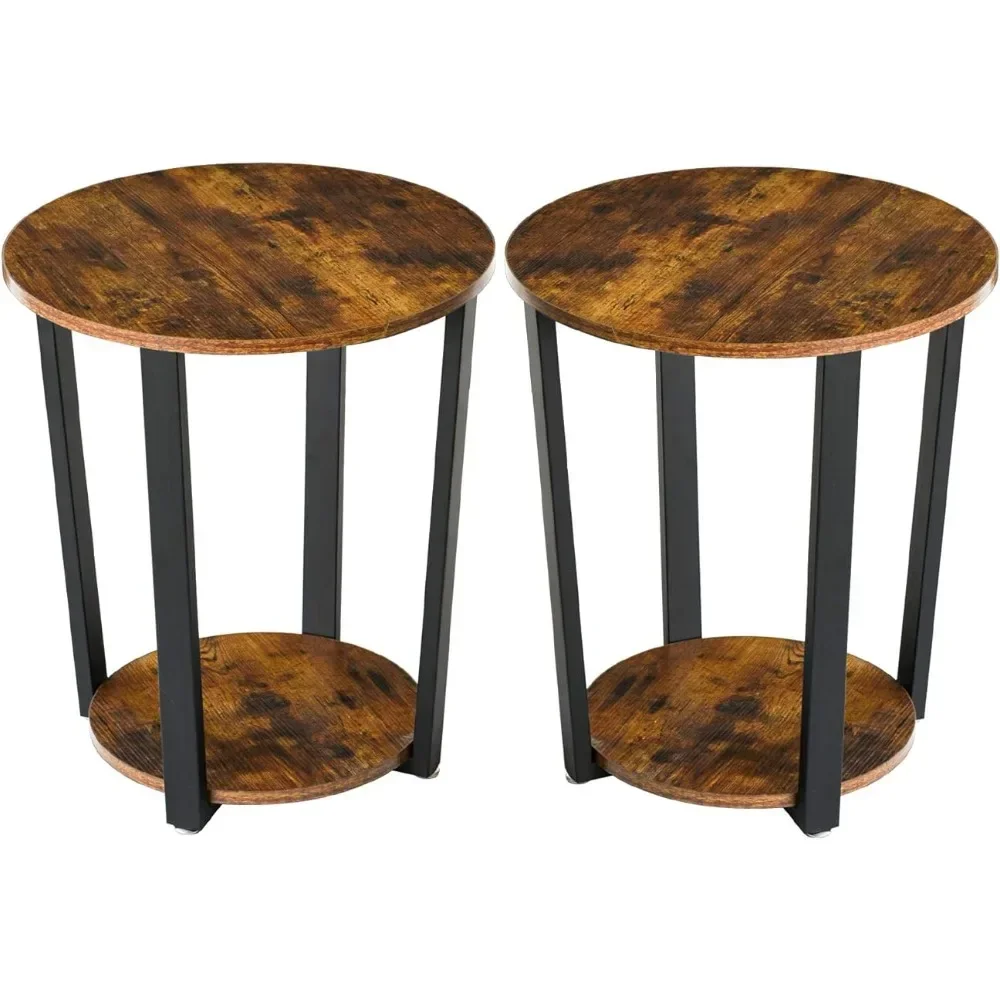 Set Of 2 Tier Round Side Table With Sturdy Metal Frame Easy Assembly Rustic Brown Uhtmj020H-2 Vintage Nightstand For Living Room