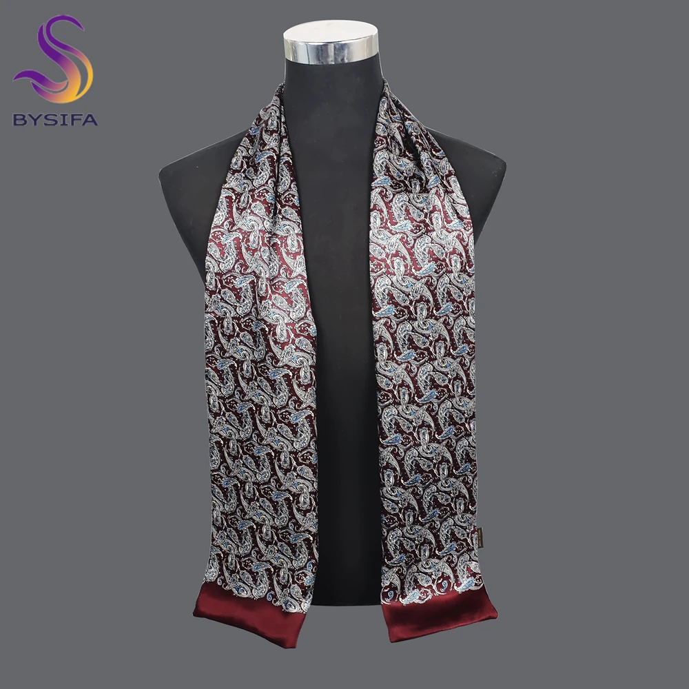 BYSIFA|Men Wine Red Paisley Silk Scarf Cravat Printed Fashion New Gentlemanly 100% Silk Male Long Scarves Warmer Scarf 160*26cm winter pants men slim straight jeans fashion paisley print brand clothing man streetwear casual denim pant male jean trouser