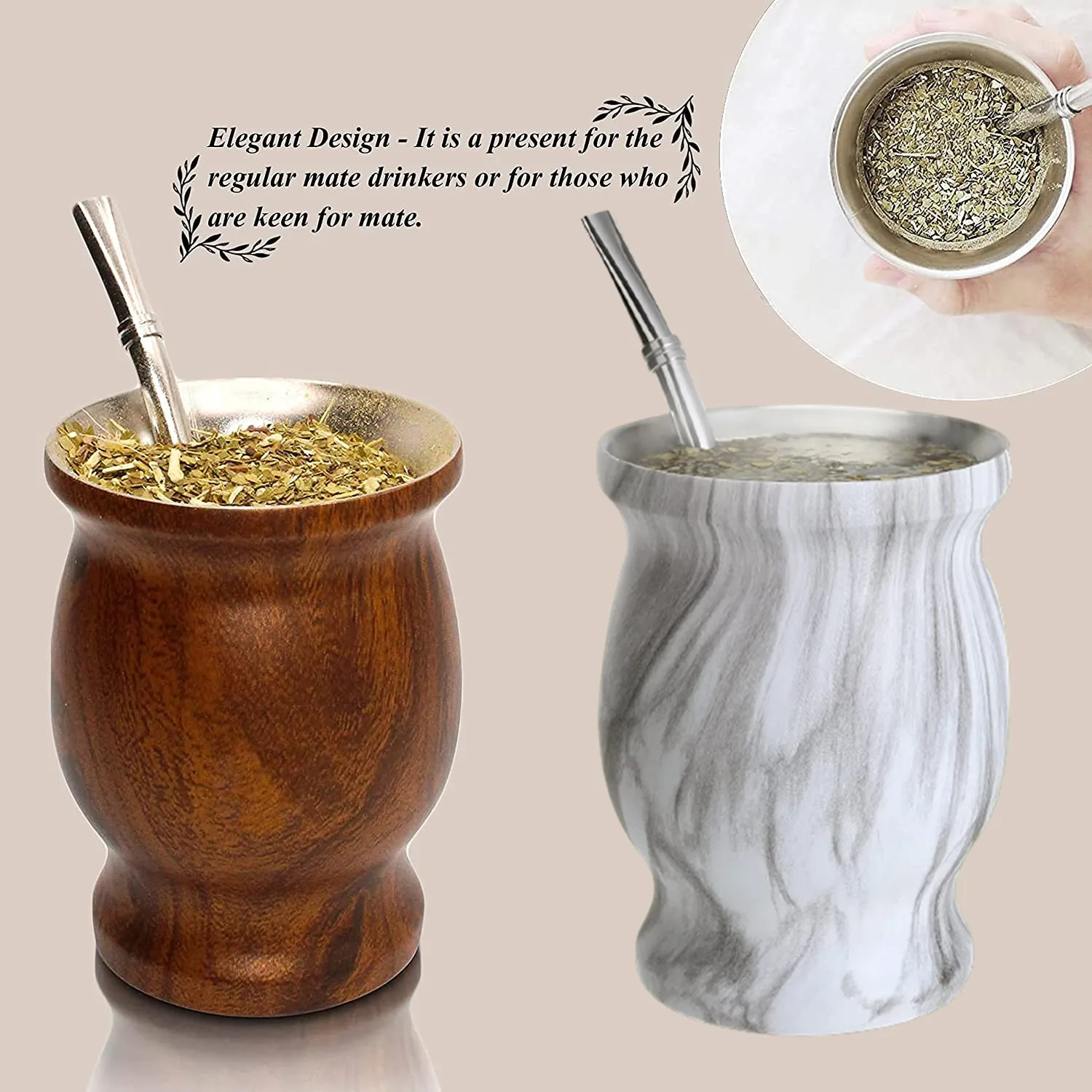 Description Picture 2 of itemYerba Mate Gourd Tea Cup Set 8Oz,Double-Wall Stainless Coffee Water Filter Spoon&Brush Cup with Lid 1 Bombillas Straws