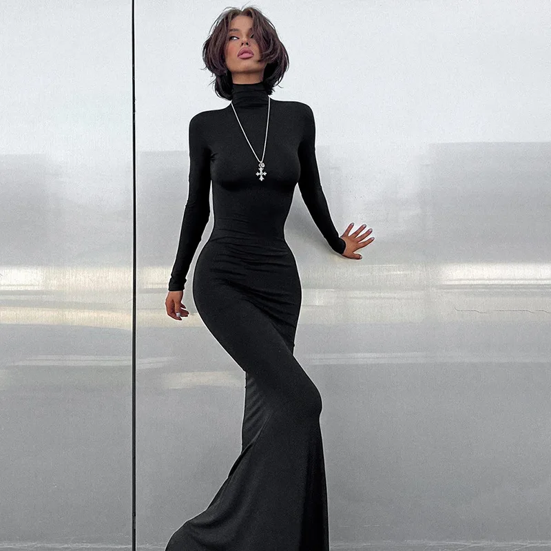 

Y2K Autumn Winter Women Solid High Collar Long Sleeve Maxi Dress Silm Bodycon Sexy Elastic Force Streetwear Party Elegant Club
