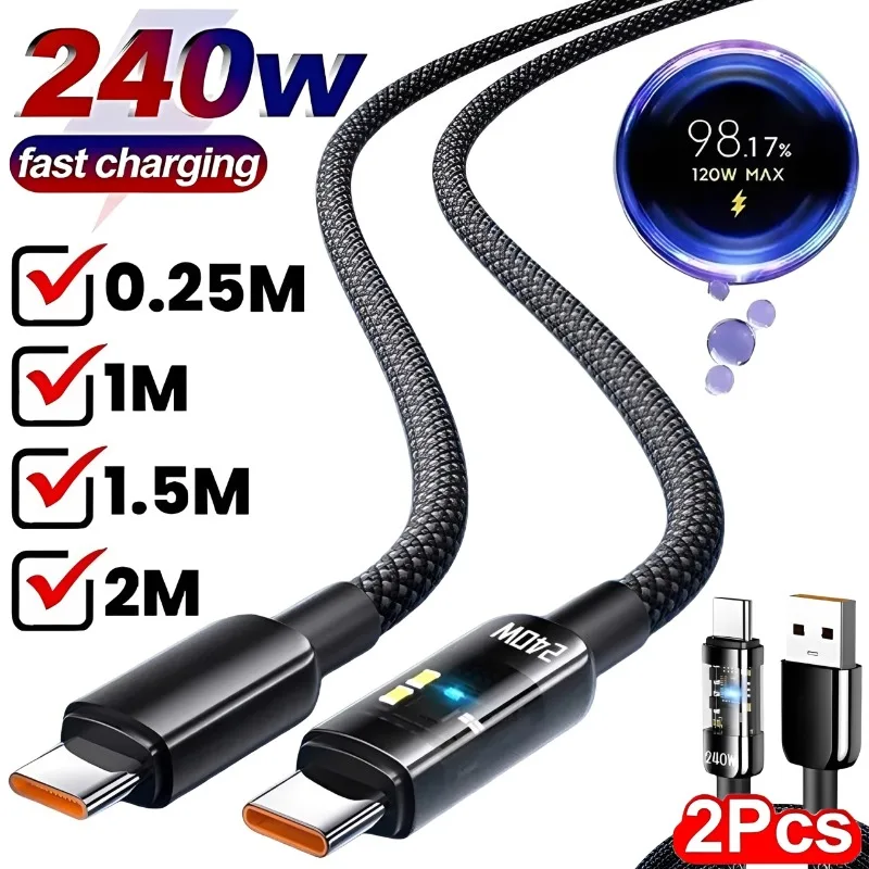 Cabo de Carregamento Rápido USB Tipo C 240W com Display LED (2/1 Peças) e Transferência de Dados de Alta Velocidade para iPhone 17 16 15 Pro Max Samsung Xiaomi