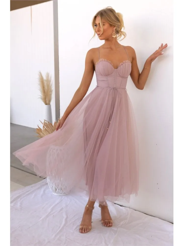 فستان سهرة مثير بدون حمالات شبكي سادة ميدي لربيع و...