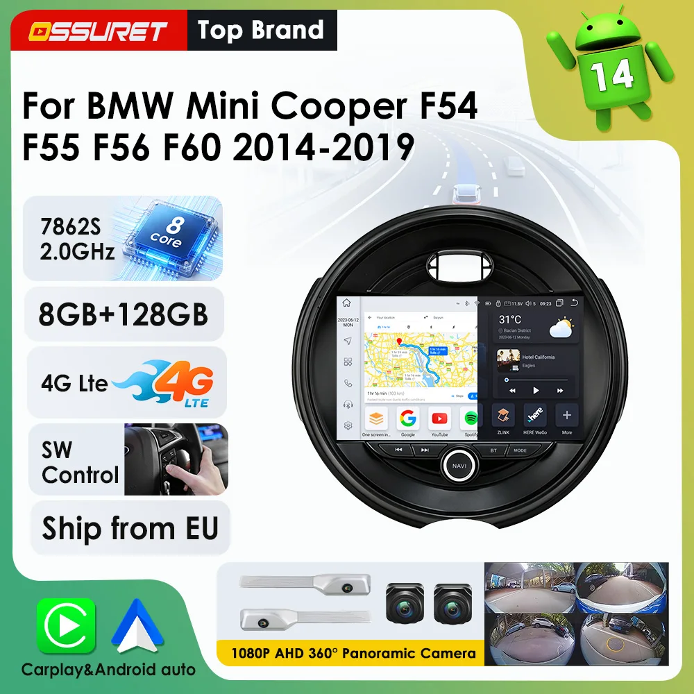 Radio con sistema Android Auto y Carplay con control por voz AI de 9 pulgadas para BMW Mini Cooper F54 F55 F56 F60 2014-2019, navegación GPS, estéreo, cámara 360, RDS, Wifi, Bluetooth, unidad principal. 1