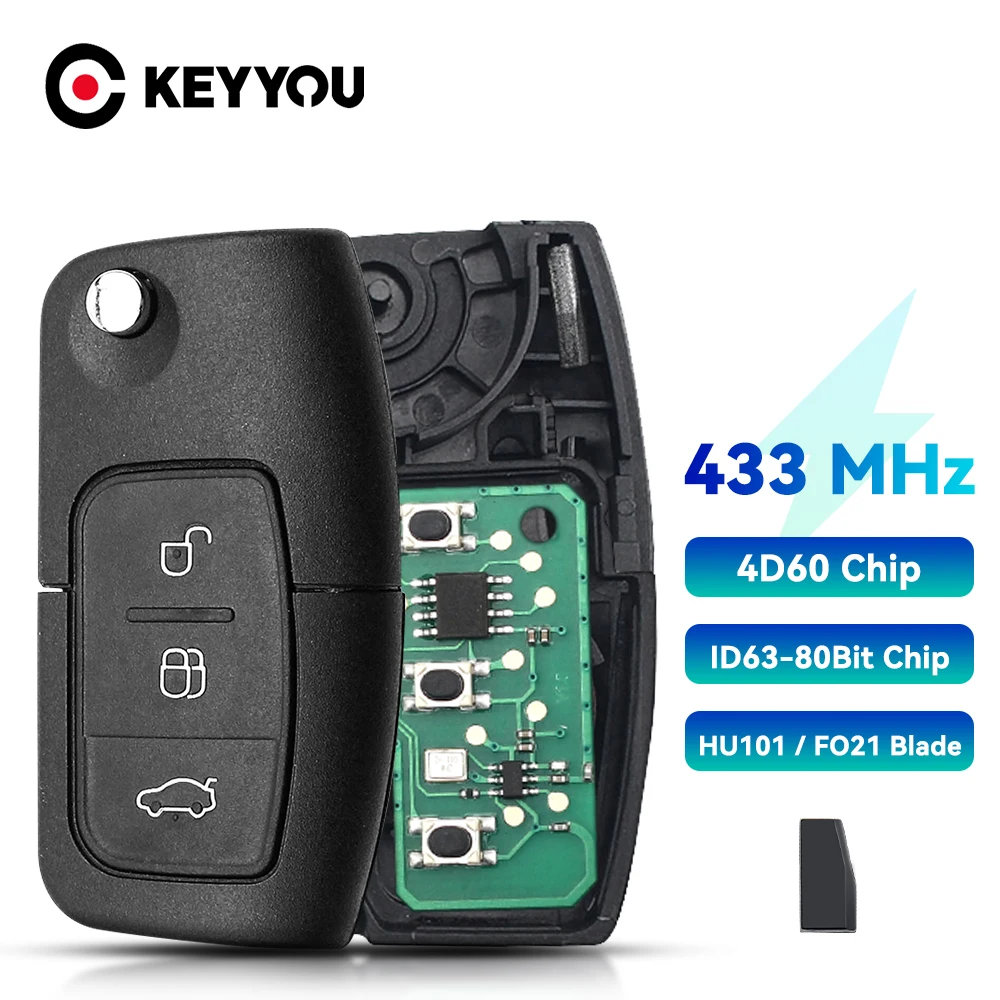 

Ключ дистанционного управления KEYYOU 433 МГц для Ford Fiesta Focus 2 Ecosport Kuga Escape C Max Ka Fob HU101/FO21, ключ с 3 кнопками