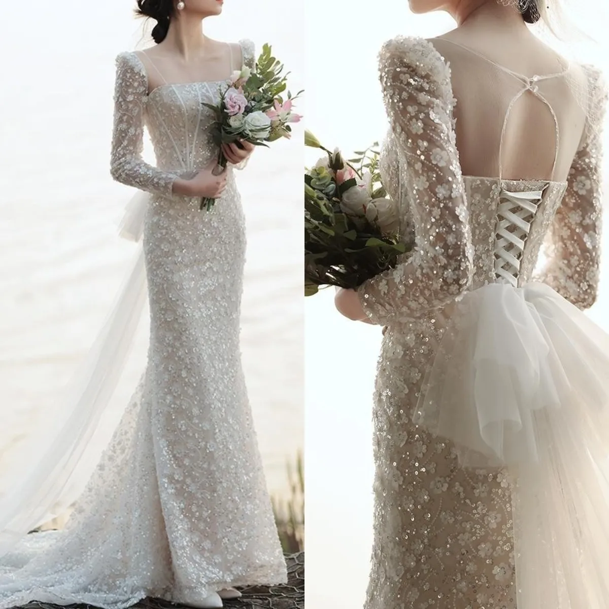 Блестящее свадебное платье с юбкой-годе, роскошное блестящее платье с бусинами, 3D цветочным рисунком, квадратным вырезом и длинными рукавами, женское платье