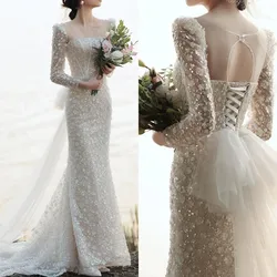 Glitter Mermaid Wedding Dress Luxury Sparkling Sequins Bead 3D Floral Square Neck Long Sleeves Garden Bridal Gown Robe De Mariée