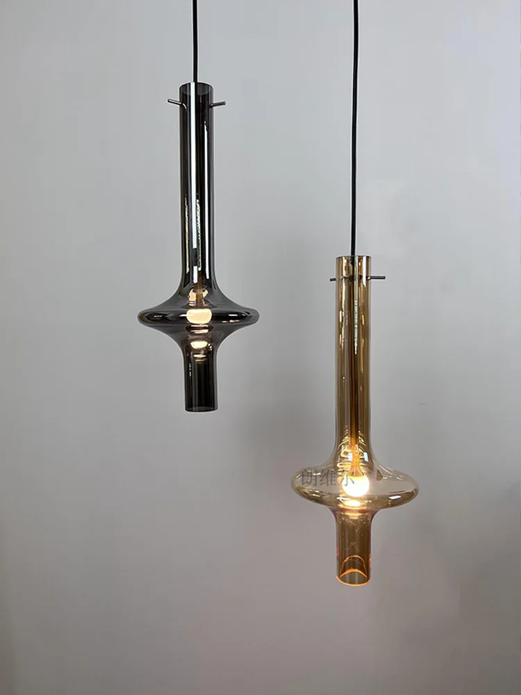 Smoke Ash Amber Glass Tube Pendant Light Dining Room Bedroom Bedside Kitchen Lamp LED Long Line Chandelier 6