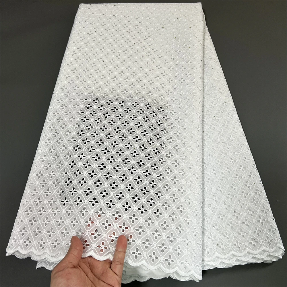 

2023High Quality African Nigerian Tulle Lace Fabric Cotton Embroidery Wedding Party Dress Damask Guipure Sequins White5 Yard