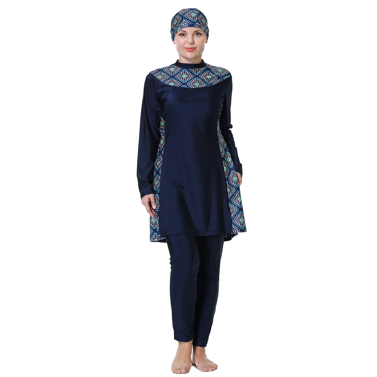 

3XL-8XL Summer Muslim Lady Printing Long Sleeves Round Collar Modest Swimming Clothes Arab Women 3 PCS Coverage Loose Swimsuits