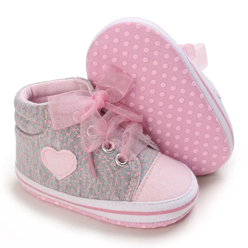 Best-selling Newborn Baby Infant Wearable Toddler Girls Canvas Shoes Heart Bow Tie Baby Lace Casual Shoes Anti-slip Soft Cotton