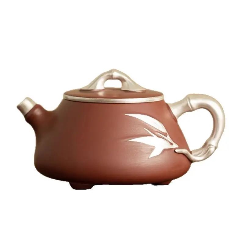 Chinese Style Silvering Bamboo Pattern Teapot, Purple Clay Raw Ore Dahongpao, Kung Fu Household, Handmade, 230ml, Pots, New, 1Pc