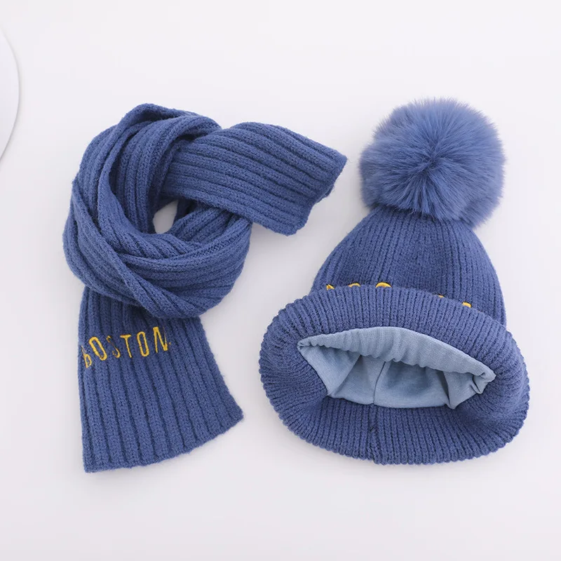 2-8 Years Kids Knit Hat Scarf Set Korean Letter Embroidery Boy Girl Winter Thick Warm Pullover Hat Outdoor Windproof Neckerchief