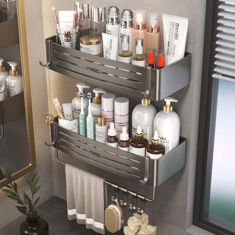 No-Drill Bathroom Shelf Shelves Shampoo Makeup Storage Holder Kitchen Organizer Wall Mounted Bathroom Accessories Aluminum Alloy 5