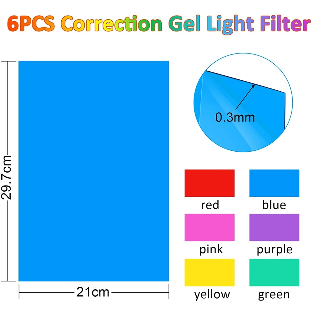Pack of 6 Colour Films Gel, Transparent Coloured Film, Heat Resistant for Lamps, Coloured Filter (30 x 21 cm) 2