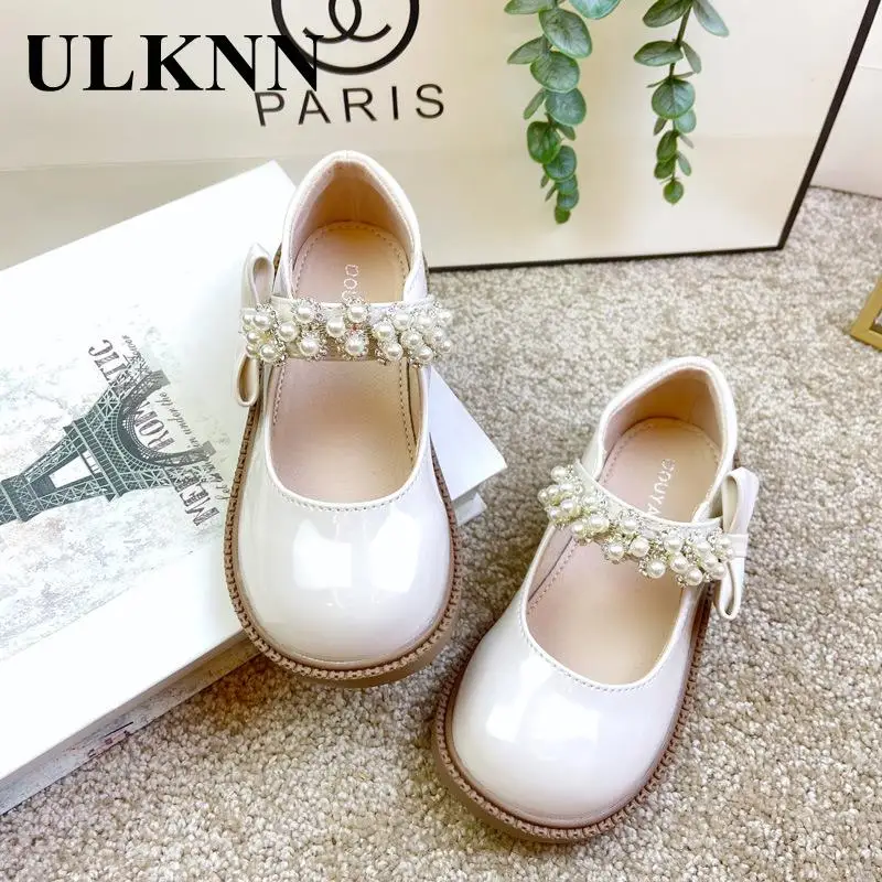 Black Leather Shoes  Girls Students School Shoes Children Beading Leather Shoe Low Help Shoes 2023 New Thick Baby Pupils' Shoes
