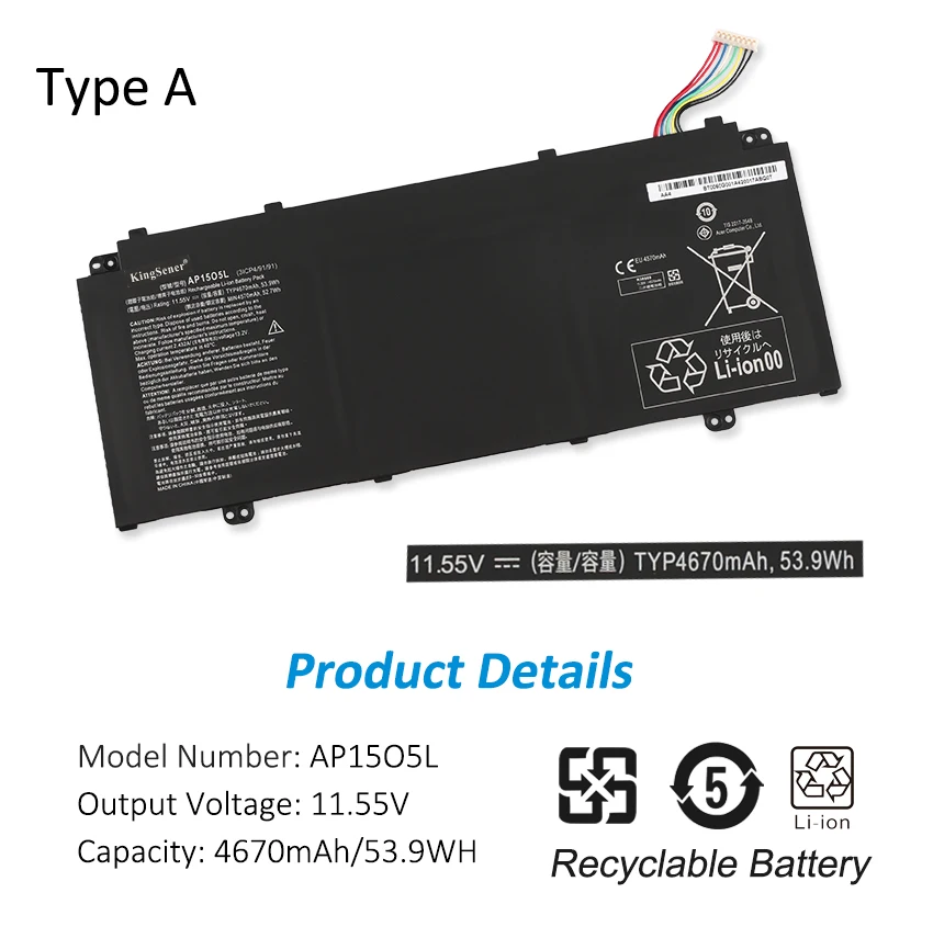 Bateria do Portátil Acer Aspire S5371 Sf51451 Chromebook R13 Cb5-312t Cb5-312t-k0yk K8z9 11.55v 4670mah 4670mah Kingsener-ap15o5l - Imagem 3