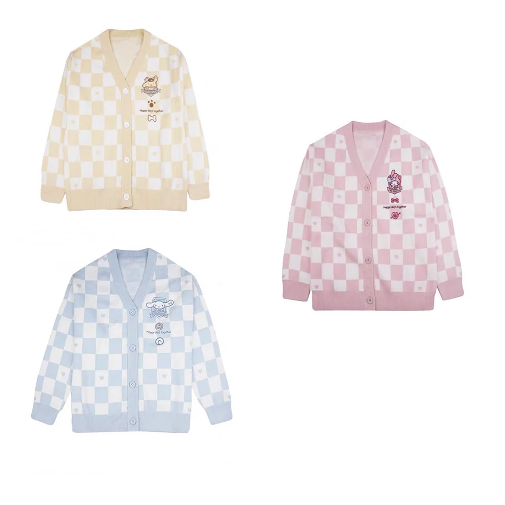 Cartoon Cinnamoroll Kuromi Embroidery Knitted Sweater Cardigan Japanese Sanrioed Y2K Kawaii Women Jk Uniform Spring Loose Coat 5