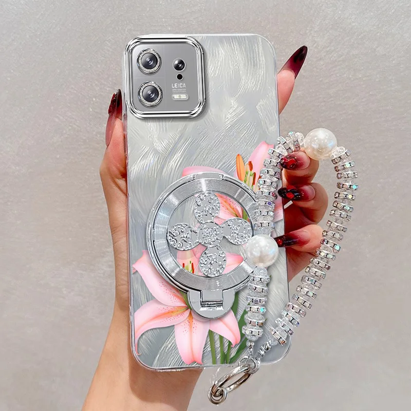 Pink Flowers Phone Case Set with Lanyard and Stand