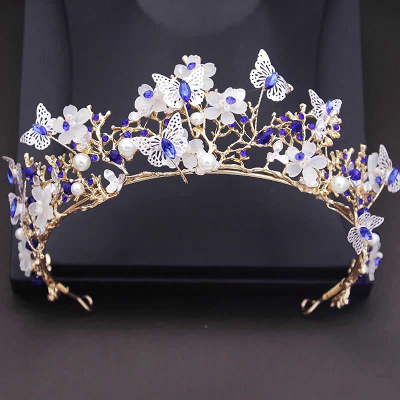 Butterfly Tiara Crown For Women - Red Crystal & Pearl Bridal Headpiece, Baroque Rhinestone Hair Accessory (5.9" X 2.5")