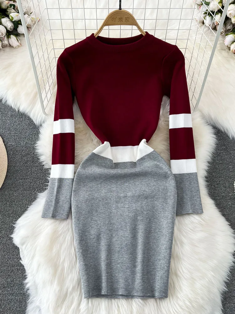 

Women Autumn Vestidos Temperament Korean Version Pure Sexy Long Sleeved V-neck Mid Length Knitted Buttocks Bottomed Dress D5140