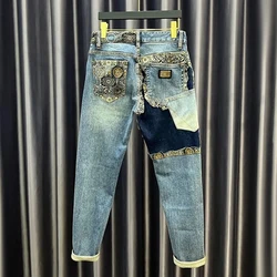 Unruly Handsome Style Street Jeans Mens Autumn Winter New High Street Straight Floral Splicing Small Feet Zipper Button Trousers