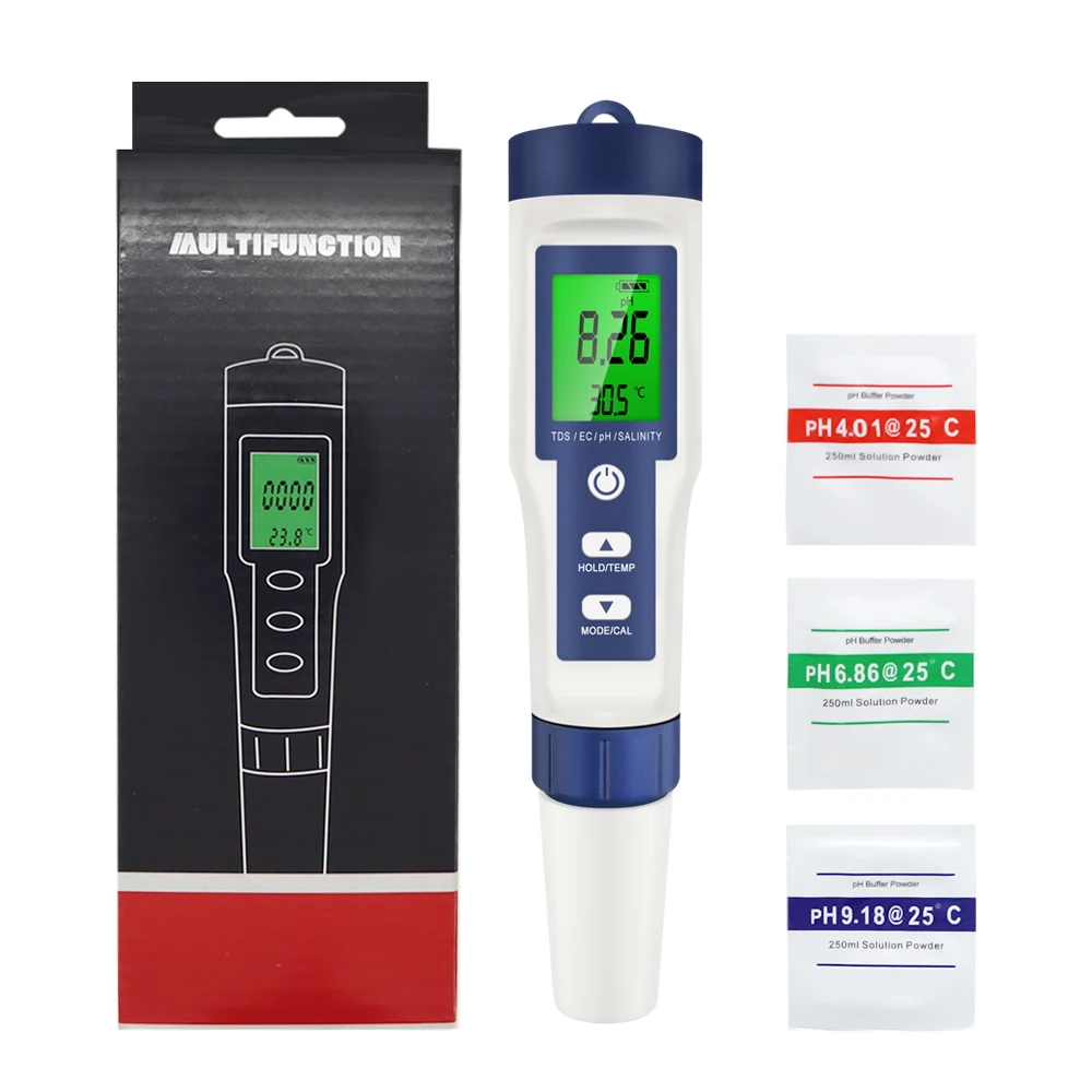 Water Quality Detector Water Tester Professional 5 In 1 TDS/PH/EC/Temp /Salinity Water Analyzer for Pools Drinking Aquarium