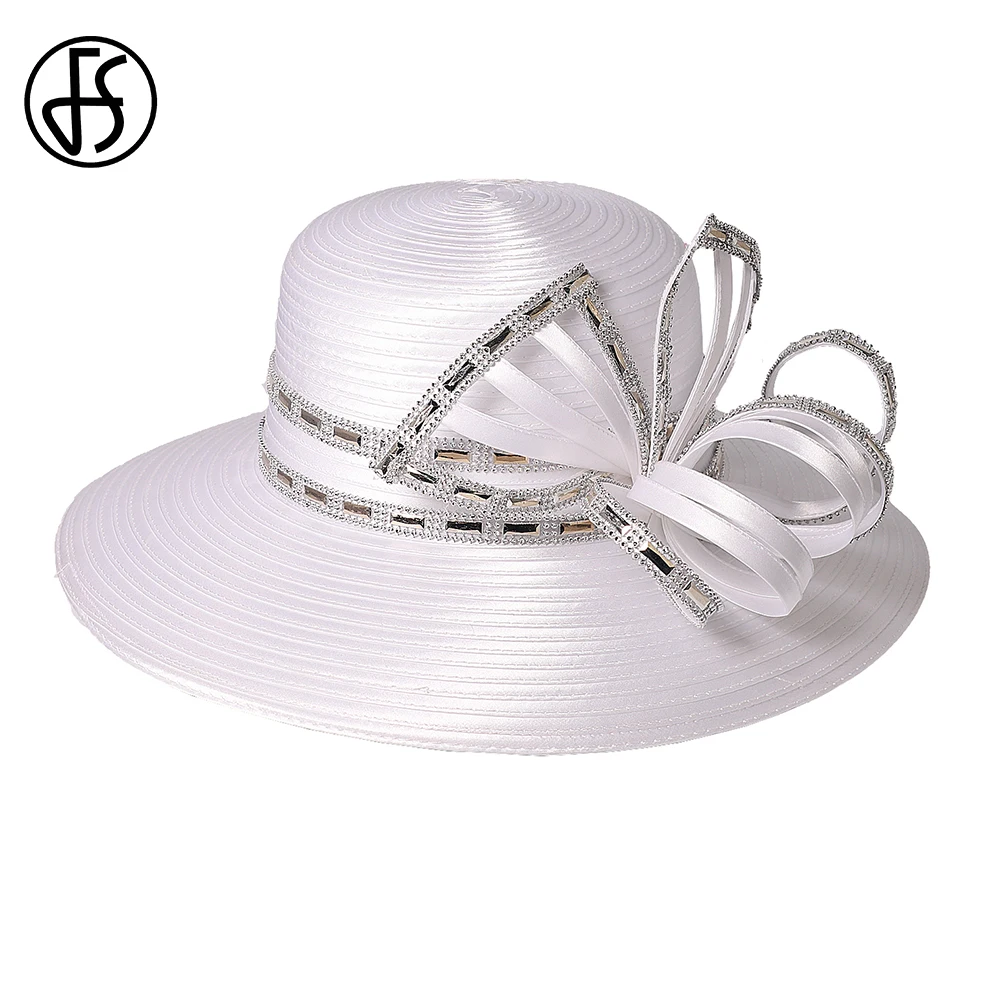 FS Elegant White Wide Brim Top Hats For Women With Bow Wedding Bridal Satin  Cloth Hat Formal Occasion Female Church Derby Cap - AliExpress 200000297