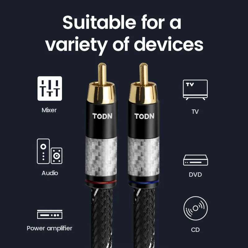 Todn 1 pair RCA audio cable 2 RCA to 2 RCA Interconnect Cable HIFI Stereo 4N OFC Male to Male For Amplifier DAC TV