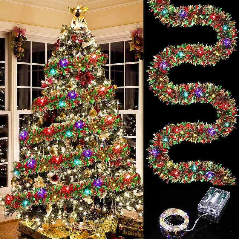 thumbnail image 1 of 1 guirnalda navideña de oropel de 16 pies, metálica, brillante, con luces LED, para colgar en el árbol, para fiestas navideñas en interiores, 1 of 4