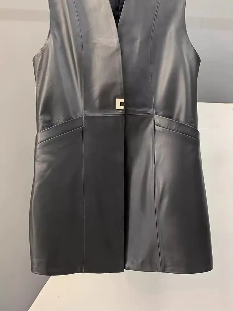 Women Elegant V-Neck Genuine Leather Sheepskin Long Vest Single