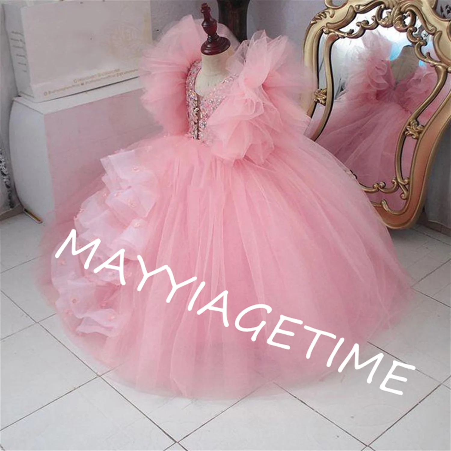 

Pink Lace Crystals Flower Girl Dresses Ball Gown Tulle Little Girl Wedding Dresses Cheap Communion Pageant Dresses Gowns