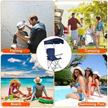 Camping Chair with Canopy, Outdoor Folding Lounge Chair with Adjustable UPF 50+ Sun Shade & Cup Holder, Portable Camping Recline 6