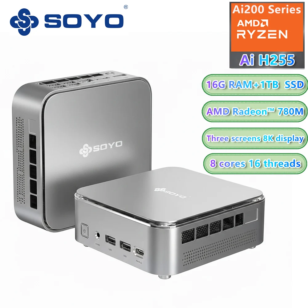 SOYO Mini PC NcuBox S4 PLUS, Ryzen 7 H255 DDR5 5600Mhz up to 64GB PCIe3.0 Nvme SSD WIFI6E BT5.2 8K HD DIY Gaming Computer