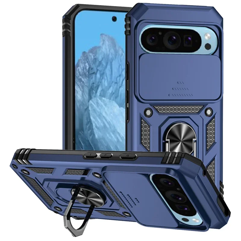 Heavy Duty Armor Slide Window Lens Protect Phone Case with Magnetic Holder Ring and Enhanced Protection