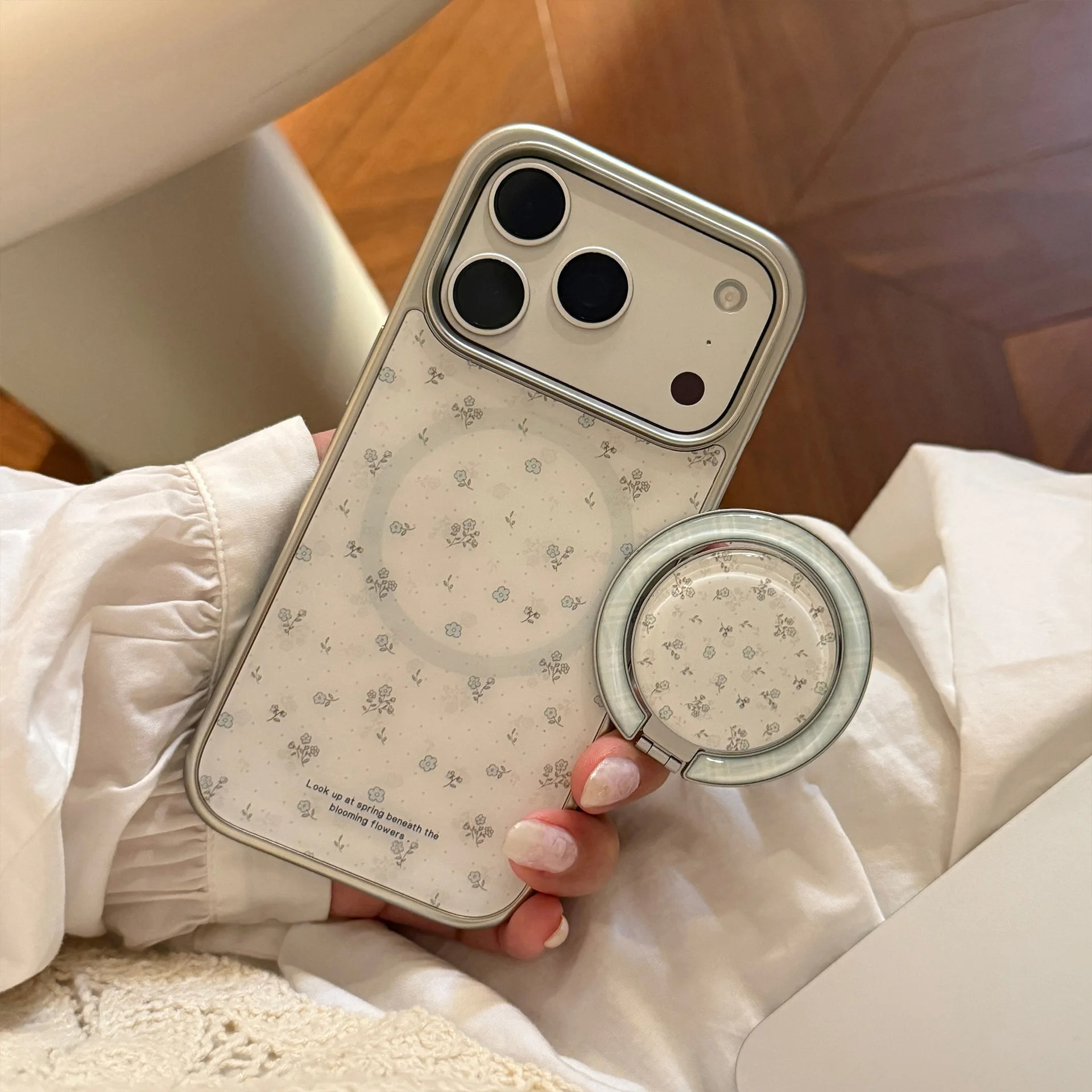 Korean Blue Floral Magnetic Foldable Phone Case - Shockproof Hard Cover