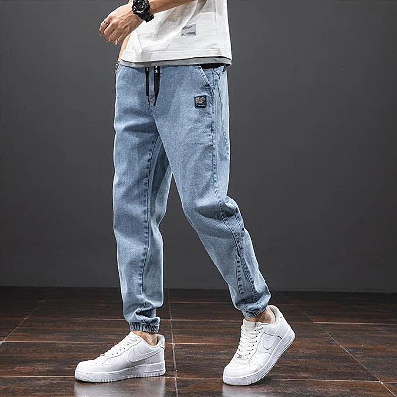 Large size elastic workwear men's ankle tied Harlan denim pants denim trousers cargo jeans wear-resistant and fat added plus size trendy and loose