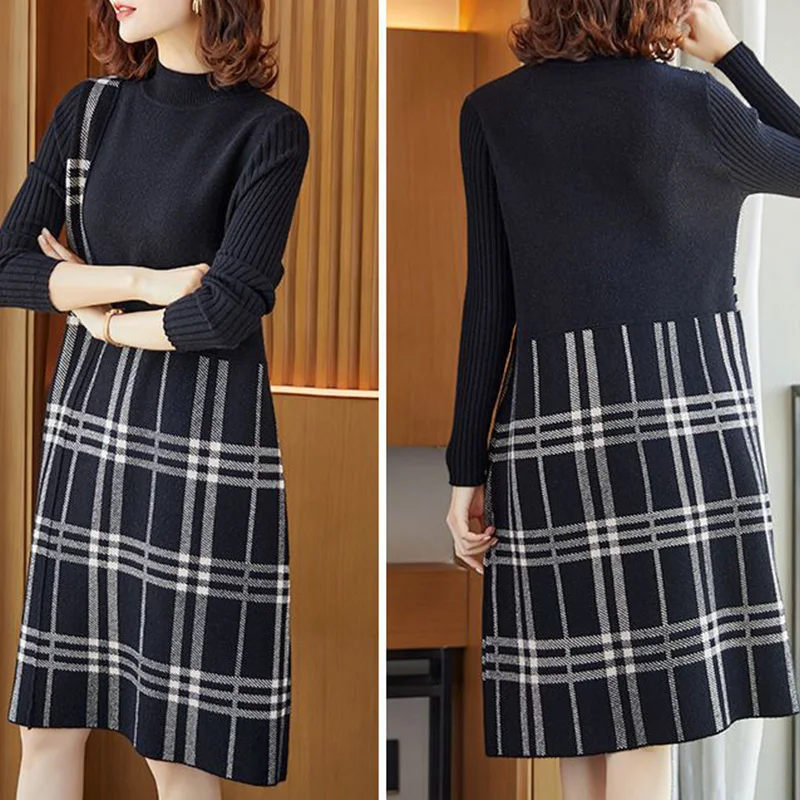 Autumn Winter Simplicity Plus Size Women's Clothing Thread Long Sleeve Knitted Midi A-line Skirt Fashion Checkered Pattern Dress
