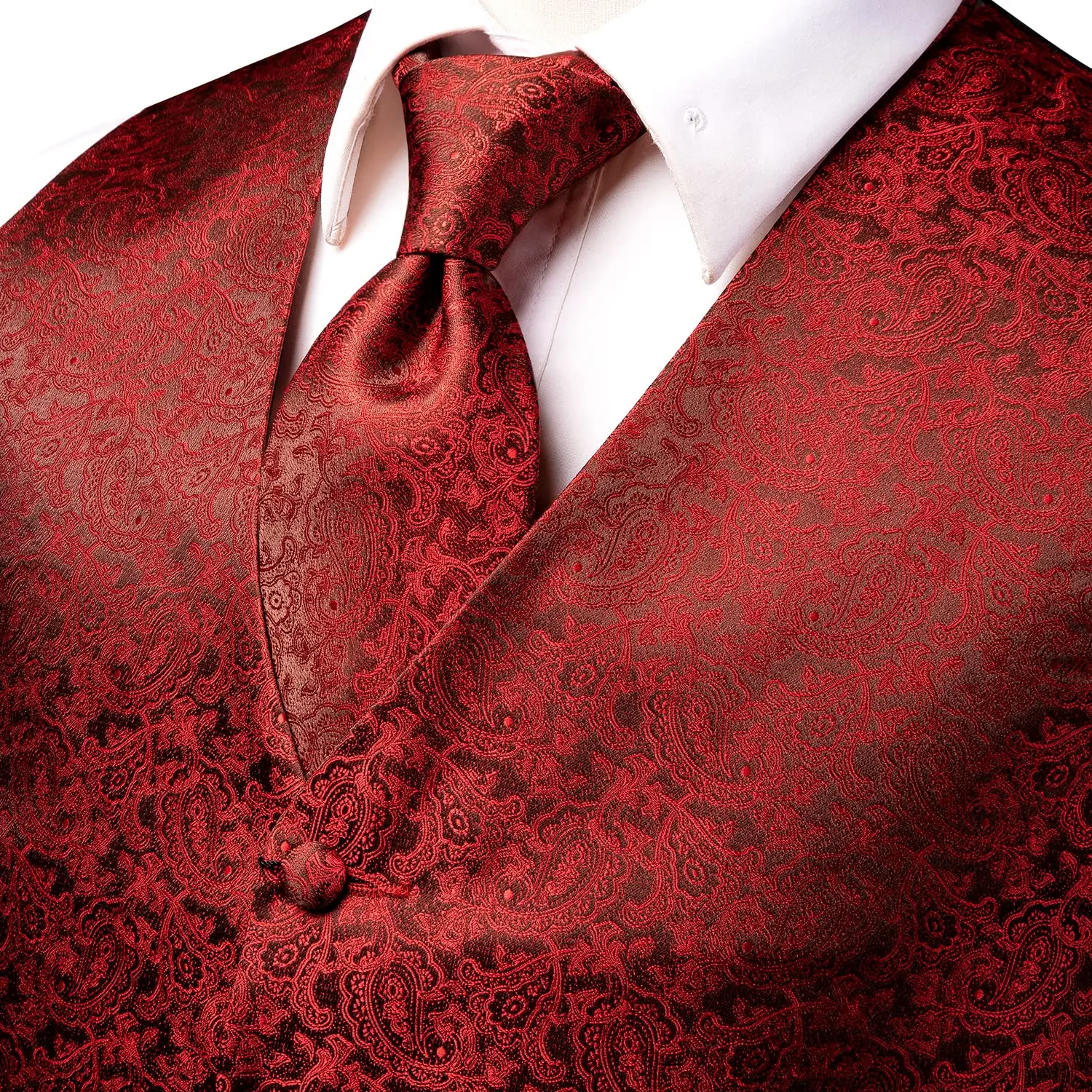 Hi-Tie Elegent Red Silk Mens Vest Hanky Cufflinks Set OverSized Jacquard Floral Social Waistcoat Sleeveless Jacket for Wedding