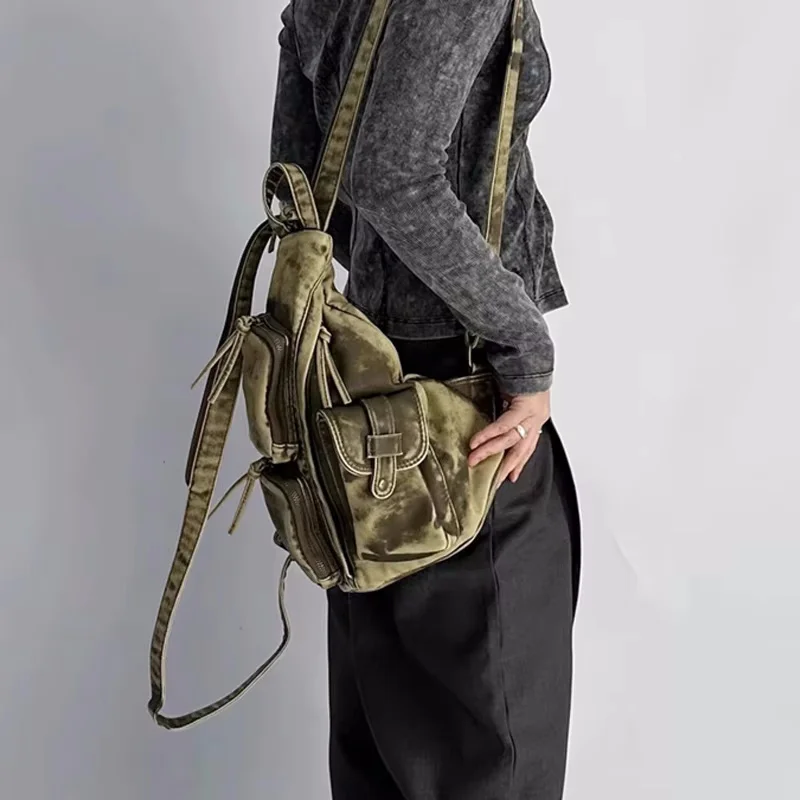Annmouler Designer Backpacks for Women Soft Washed Letaher Sling Chest Bag Vintage Multi-pockets Punk Style Small Bag 2