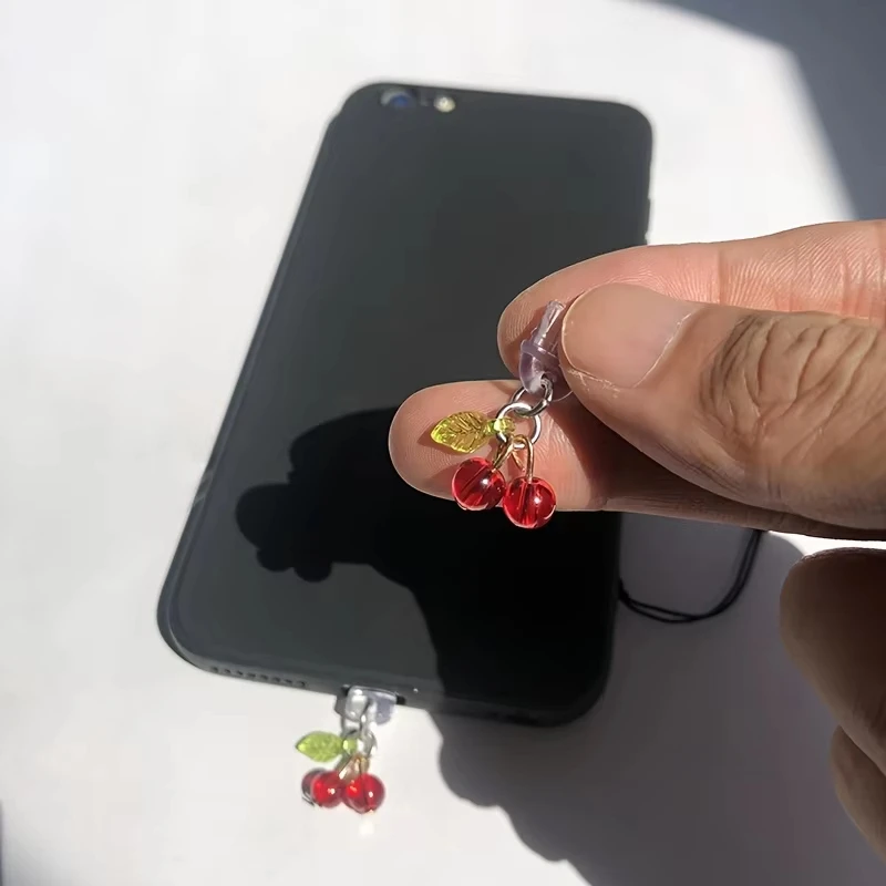 Cherry Phone Charm - Transparent Dust Plug with Lanyard, Cute Girly Pendant for Earphone Hole Decoration