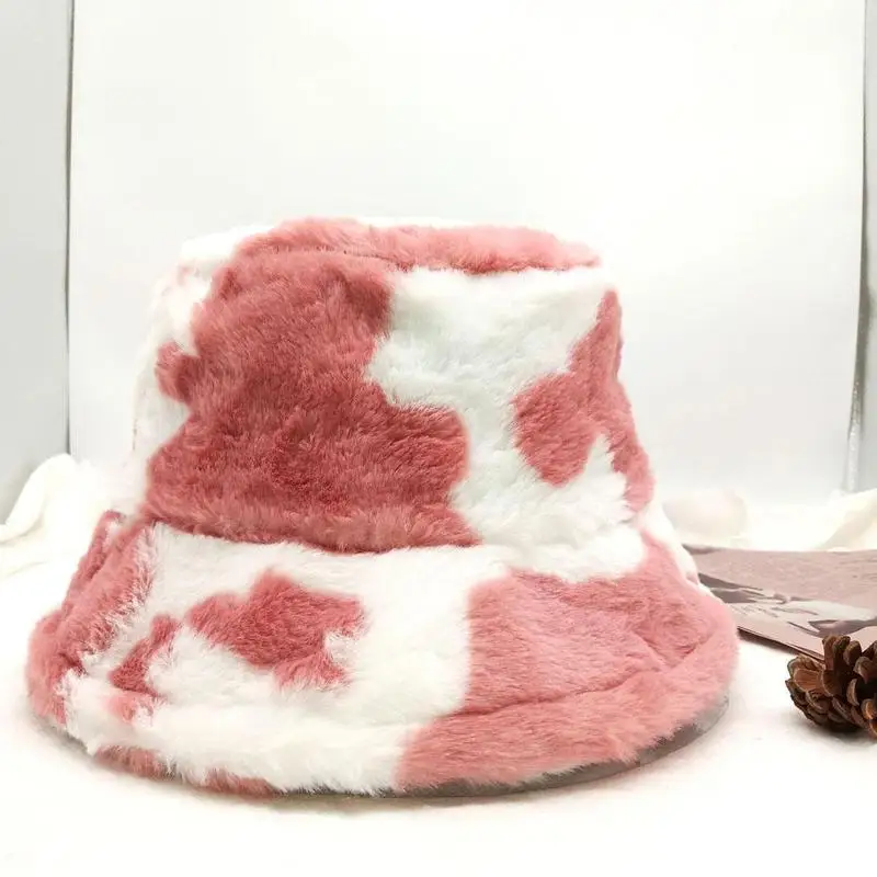 Fashion Winter Cow Print Women Bucket Hat Faux Fur Outdoor Lady Fisherman Fluffy Panama Warm Female Flat Cap Plush Furly U8k8 fisherman hat