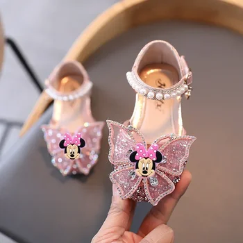 Disney Mickey Mouse children Rhinestone Bow Show Shoes Girls Sandals Summer New Soft Sole minnie Princess Shoes Students 1