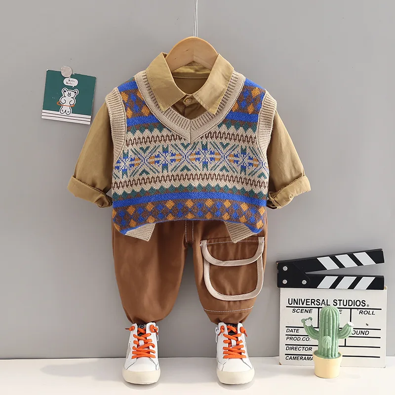 

Baby Boy Set Clothes Outfit Spring Autumn England Style Geometric Sleeveless Knit Woolen Vest Shirts Pants Childrens Clothing